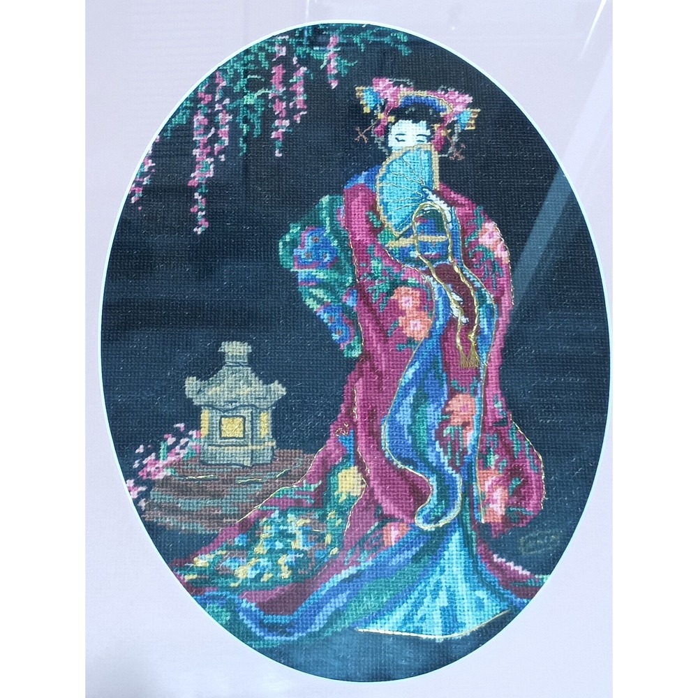 Framed Embroidery Art Hand Stitched Signed Geisha Chinoiserie Home Decor 18"x14" - Picture 2 of 5